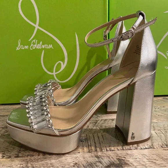 Sam Edelman Women's NINETTE Platform Silver Metallic LEATHER Heel Shoe MSRP $180 - Picture 8 of 9